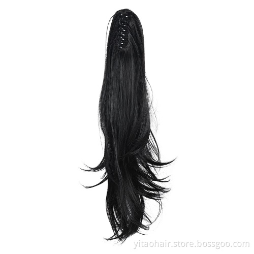 Long Wavy Black Ponytail Claw Hair 24 Inch Long Wave Ponytail hair Extension Synthetic Wrap Around Drawstring Hair with 1Clips